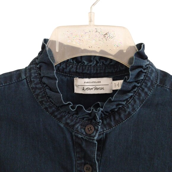 & Other Stories Denim Button Down Ruffle Shirt Top Like New Size 6 Dark Wash - Picture 3 of 9